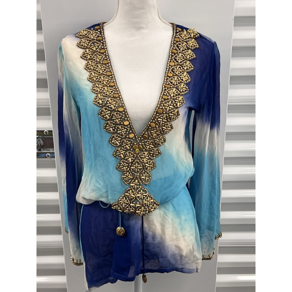 Debbie Katz turquoise Tunic top Beaded beach coverup Sz S Ombré Blue